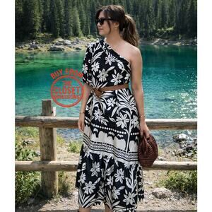 MANGO Asymmetric Floral Midi Dress NWT Black White Rare